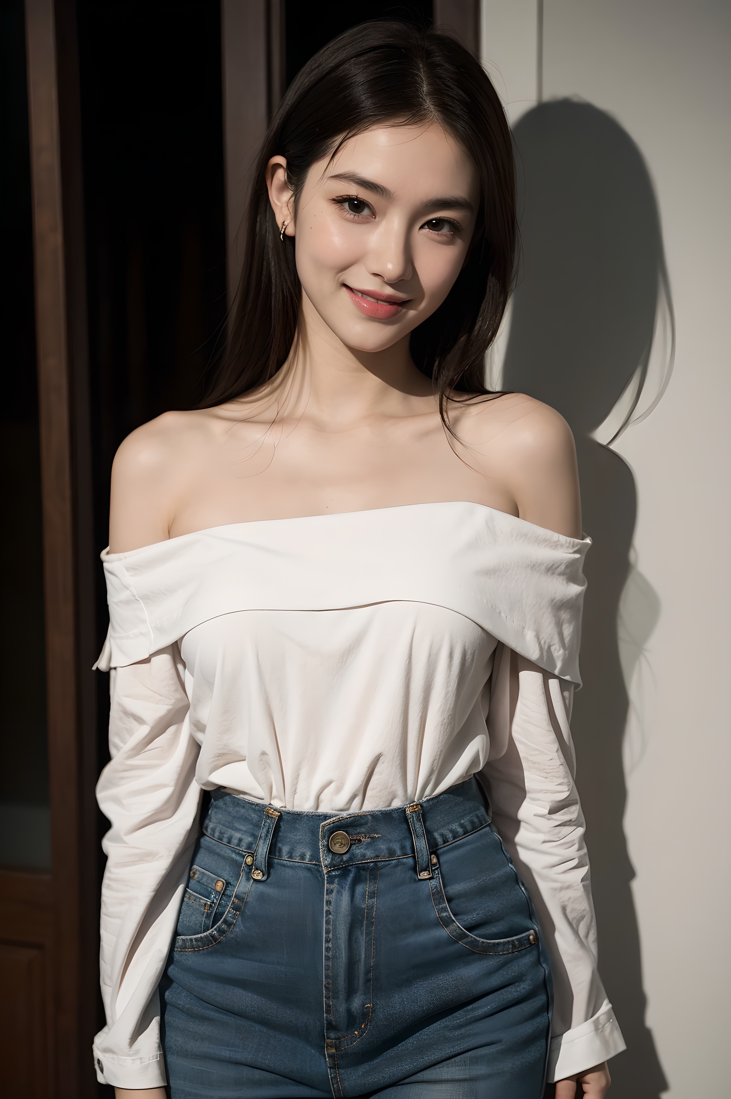 1girl, offshoulder, smile, cute, waist up, deep shadow, in the dark, low key.best quality, masterpiece, (photorealistic:1.4) .