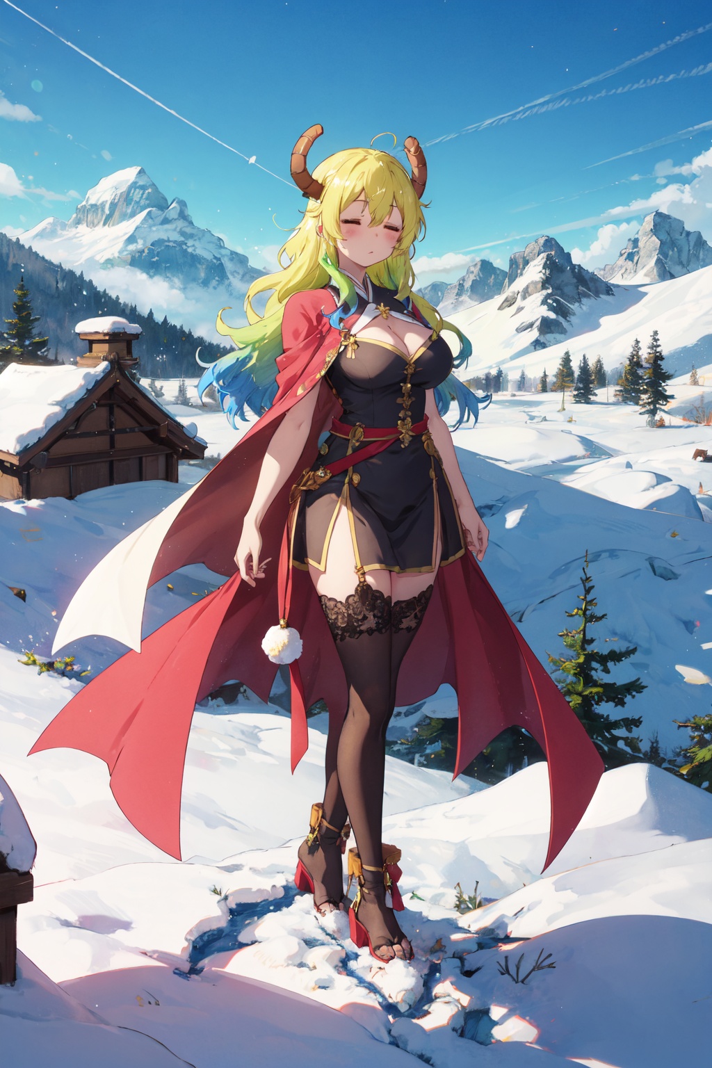 <lora:Quetzalcoatl-000019:0.8>,Lcoa CYQL,1girl,looking at viewer,solo,dragon girl,long hair,blonde hair,green hair,multicolored hair,gradient hair,dragon horns,closed eyes,breasts,large breasts,cleavage,full body,Ethereal cape sleeves with lace bodice,female_orgasm,panorama,Majestic snow-capped mountains pierce the clouds, their snow-covered peaks shimmering in the sunlight. At their base, glaciers inch forward, carving out profound valleys,(Olive trees, Terracotta pots, Spanish villa, Olive harvest, Mediterranean landscape, Siesta time:0.5),beautiful detailed sky,beautiful detailed glow,posing in front of a colorful and dynamic background,masterpiece,best quality,beautiful and aesthetic,contrapposto,female focus,wallpaper,