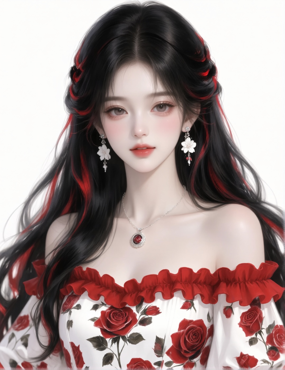 一幅高度精致的数字绘画,  黑红挑染玫瑰风:黑长发女性,  发丝间点缀红色挑染 by 小狗宾利 on Tensor.Art