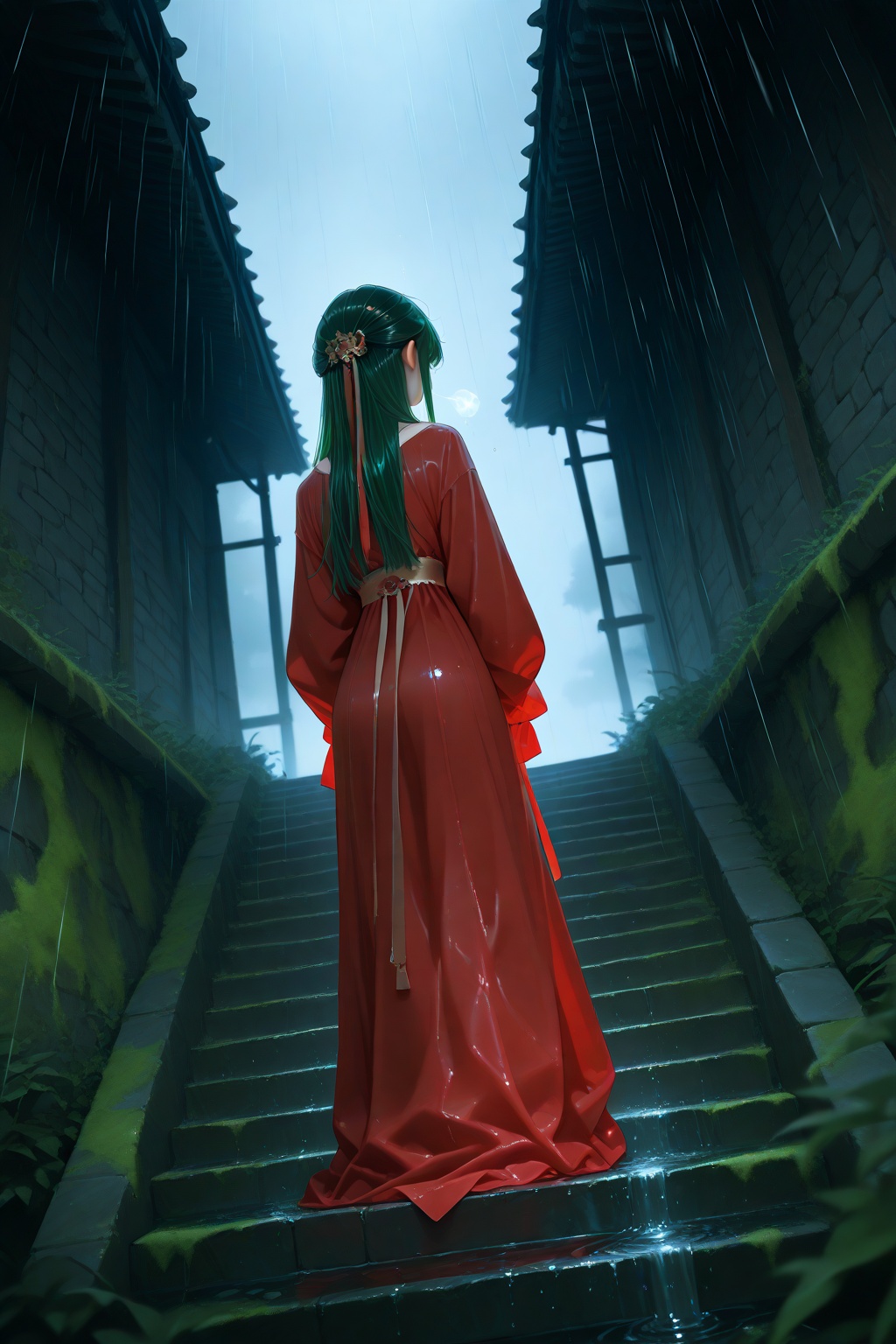 masterpiece,best quality,amazing quality,very aesthetic,absurdres,newest,extreme aesthetic,in the style of fashion photography,light particles,cinematic lighting,Visual impact,sharp focus,Emotionalization,depth of field,dutch angle,scenery,hanfu,moss,REAL STONE TEXTURE,marble guardrail,stone stairs,back to back,walk up,from_below,1girl,solo,dark_green_hair,red dress,gale,smog,fog,hair blowing,black_cloud,heavy rain,crystal clear drops of water,
