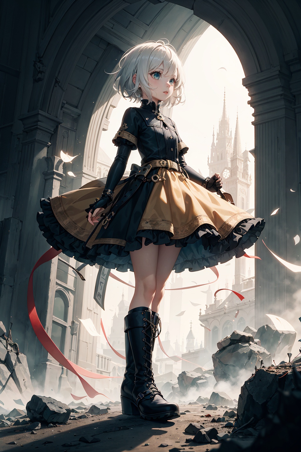 Felt effect, made of felt boy, solo, short hair, big eyes, white hair, boots, food, Mini, theme fantasy, atmosphere, mysterious yellow, HD, felt material, advanced filter