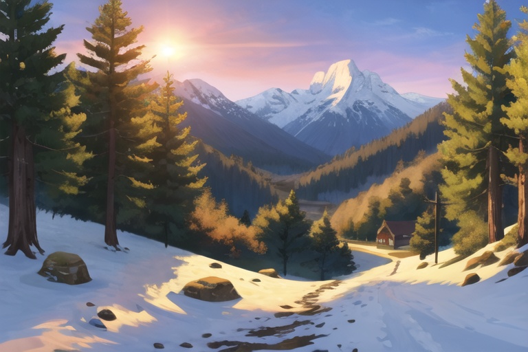snowy mountains in background,  forest,  dustry cobblestone road on Tensor.Art