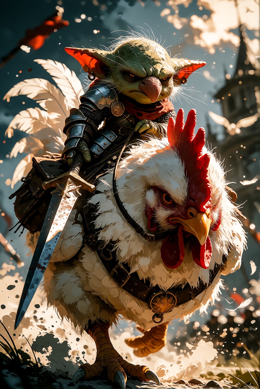 MMMDaal,  a stern goblin knight in elaborate ceremonial armor riding into battle atop an enormous fluffy white chicken,  t...