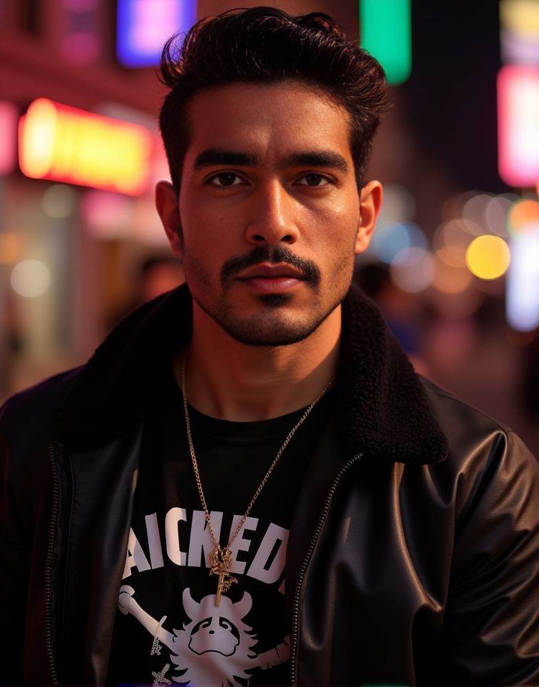Harman Singha ,  posing confidently at during a portrait photoshoot. The scene is focused on a headshot. intense gaze and...
