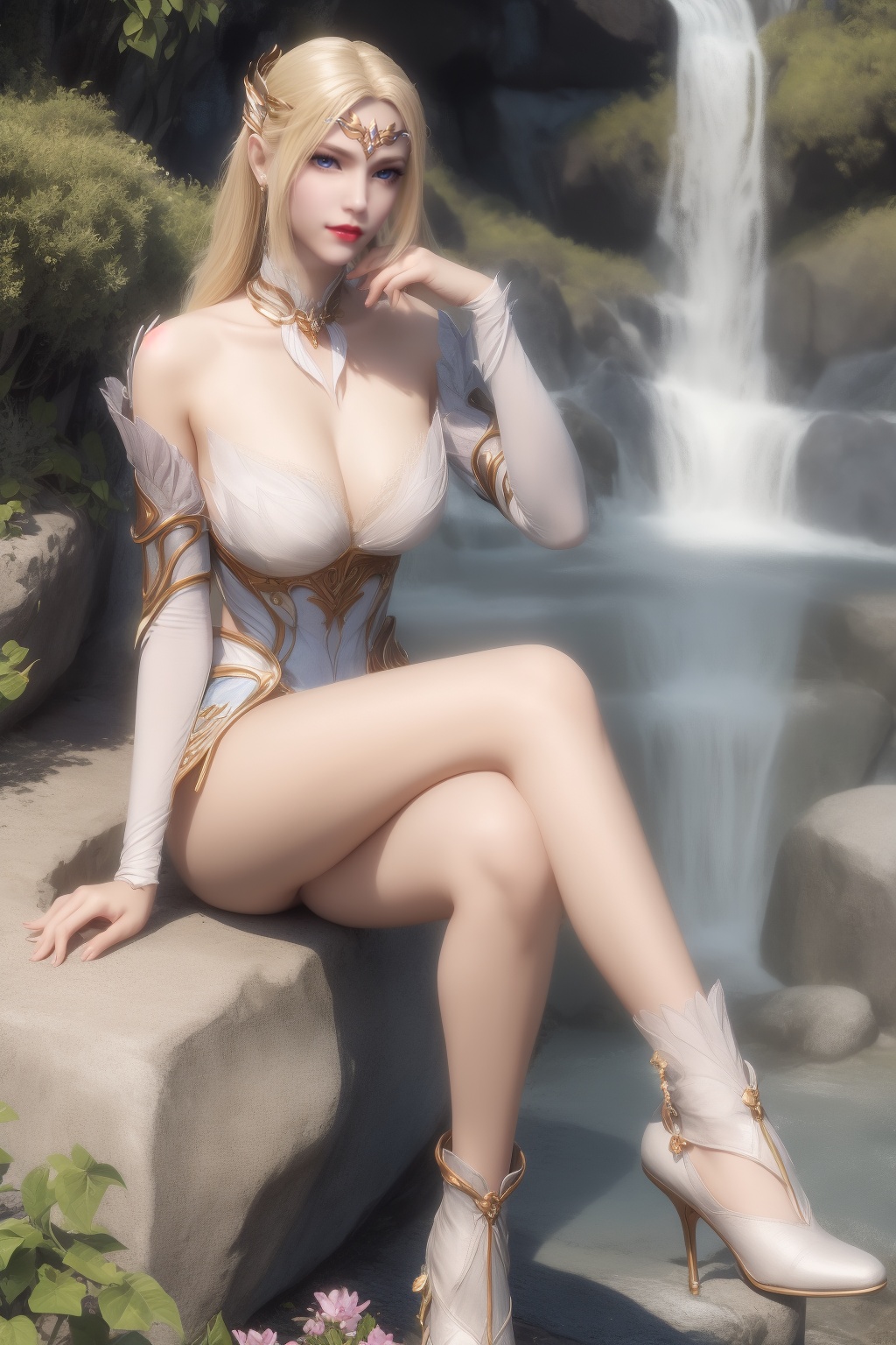 ultra realistic 8k cg,flawless,clean,masterpiece,professional artwork,famous artwork,perfect face,beautiful face,best quality,full_shot,absurdres,shenfengQianRenXue,1girl,solo,armor,dress,sitting,crossed legs,feathers,blonde hair,blue eyes,detached collar,detached sleeves,circlet,torogao,smile,makeup,red lips,breasts,large breasts,jewelry,earrings,hair ornament,(outdoors:1.4),water,waterfall,butterfly,flower,long hair,realistic,looking at viewer,boots,high heels,<lora:shenfengQianRenXue_20240104234202-000004:0.7>,