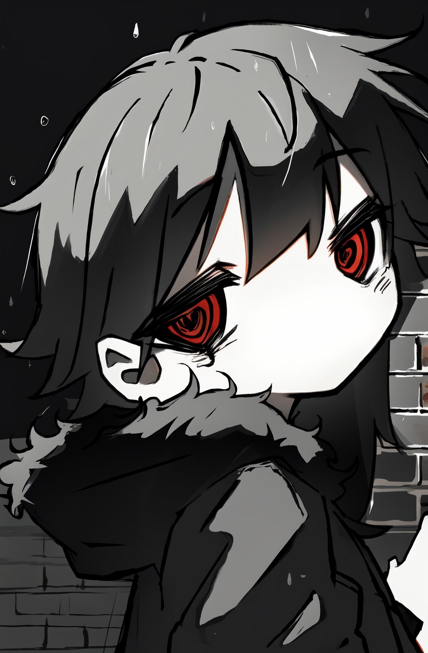 masterpiece,best quality,absurdres,1girl,brick wall,solo,red eyes,long hair,looking at viewer,upper body,fur trim,ringed eyes,closed mouth,no nose,coat,cross,spot color,from side,monochrome,(night:1.4),dark,hand on own face,rain,half-closed eyes,
