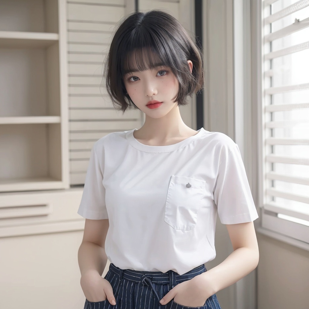 masterpiece, best quality, 32k, insane details, intricate details,,1girl, fashion photography, in style of angura kei，hime - cut, straight hair，in a minimalist Misasakan room，high-wistskirt，cllaredshirt，(short hair:1.4)，striped，blunt bangs，(Mole under eye:1.0),hand in pocket，flower，,<lora:meinv76:0.6>