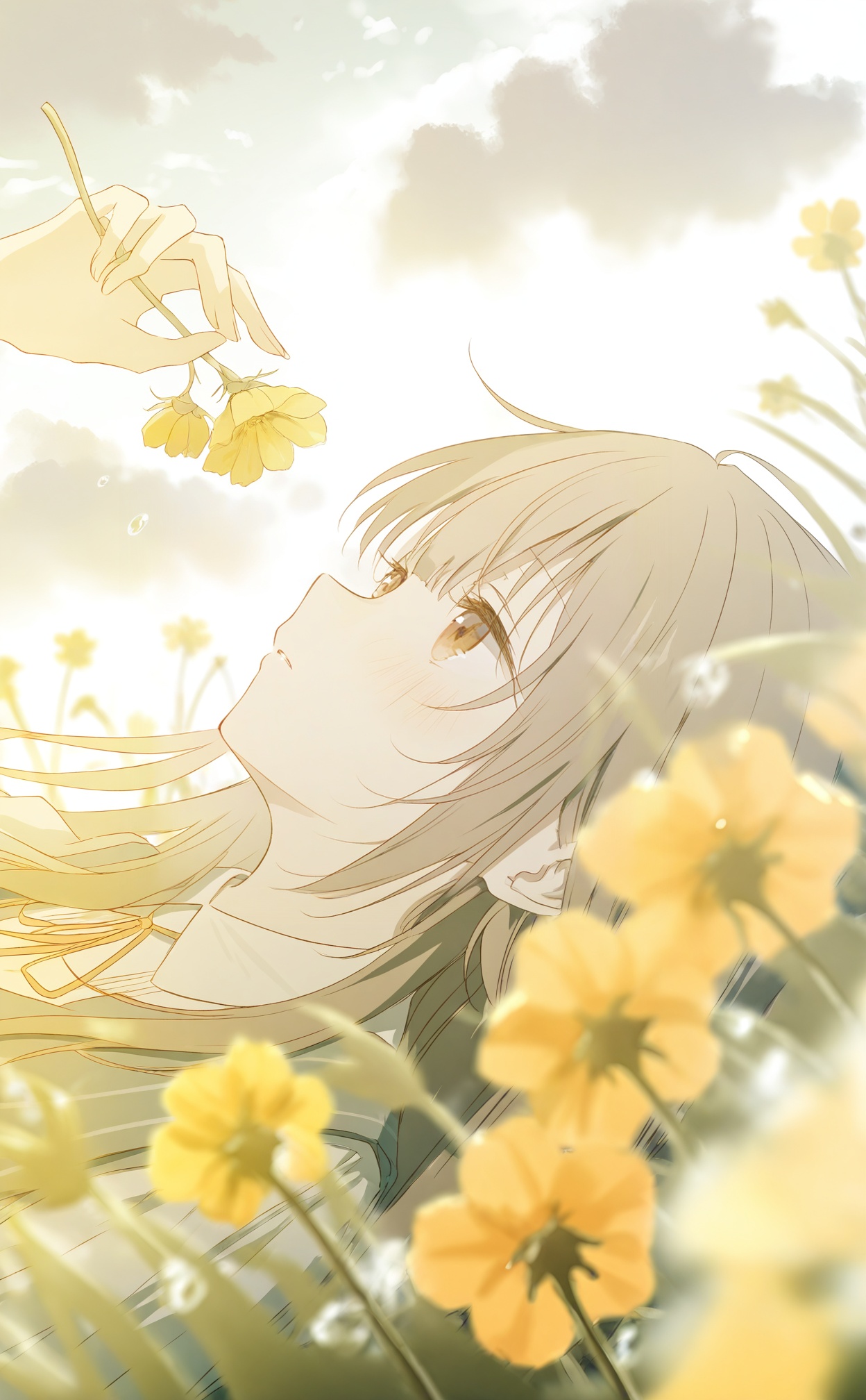 masterpiece,highres,absurdres,newest,best quality,loli,petite,high quality,chromatic_aberration,shiny_skin,//,1girl, flower, solo, holding_flower, holding, lying, long_hair, shirt, white_shirt, on_back, outdoors, collared_shirt, neck_ribbon, sky, ribbon, cloud, blush, yellow_flower, brown_hair, blurry, brown_eyes, blurry_foreground, parted_lips, sidelocks, grass, looking_up, cloudy_sky, from_side, water_drop, depth_of_field, on_grass, hand_up, school_uniform, portrait, orange_ribbon//,medium breasts,bouncing breasts,cleavage,bare shoulders,//,<lora:aestivation——【noob】hans:1>,
