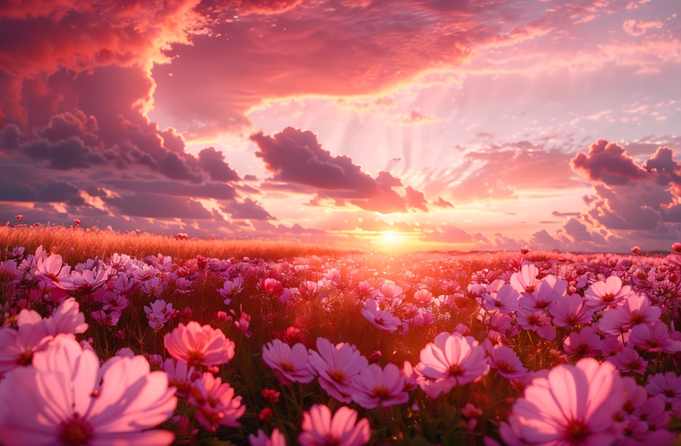 Flower sea,  masterpiece, charming visual effects, dreamy world, depth of field,  still life, Realistic, flower, outdoors, sky, cloud, no humans, ocean, cloudy sky, red flower, scenery, sunset, sun, horizon, field, flower field, red sky
