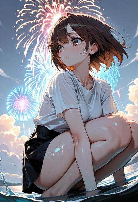 majestic, (masterpiece), (best quality), (ultra-detailed), amazing quality, very aesthetic, perfect composition, intricate details, absurdres, incredibly absurdres, clear skin, ultra-detailed-eyes, greatscore, pretty, extreme perspective, dynamic angle, dynamic pose, detailed, 1girl, fireworks, solo, white shirt, sky, shirt, cloud, short sleeves, outdoors, squatting, water, short hair, skirt, black skirt, sitting, cloudy sky, brown hair, (illustration:1.0), masterpiece, best quality,