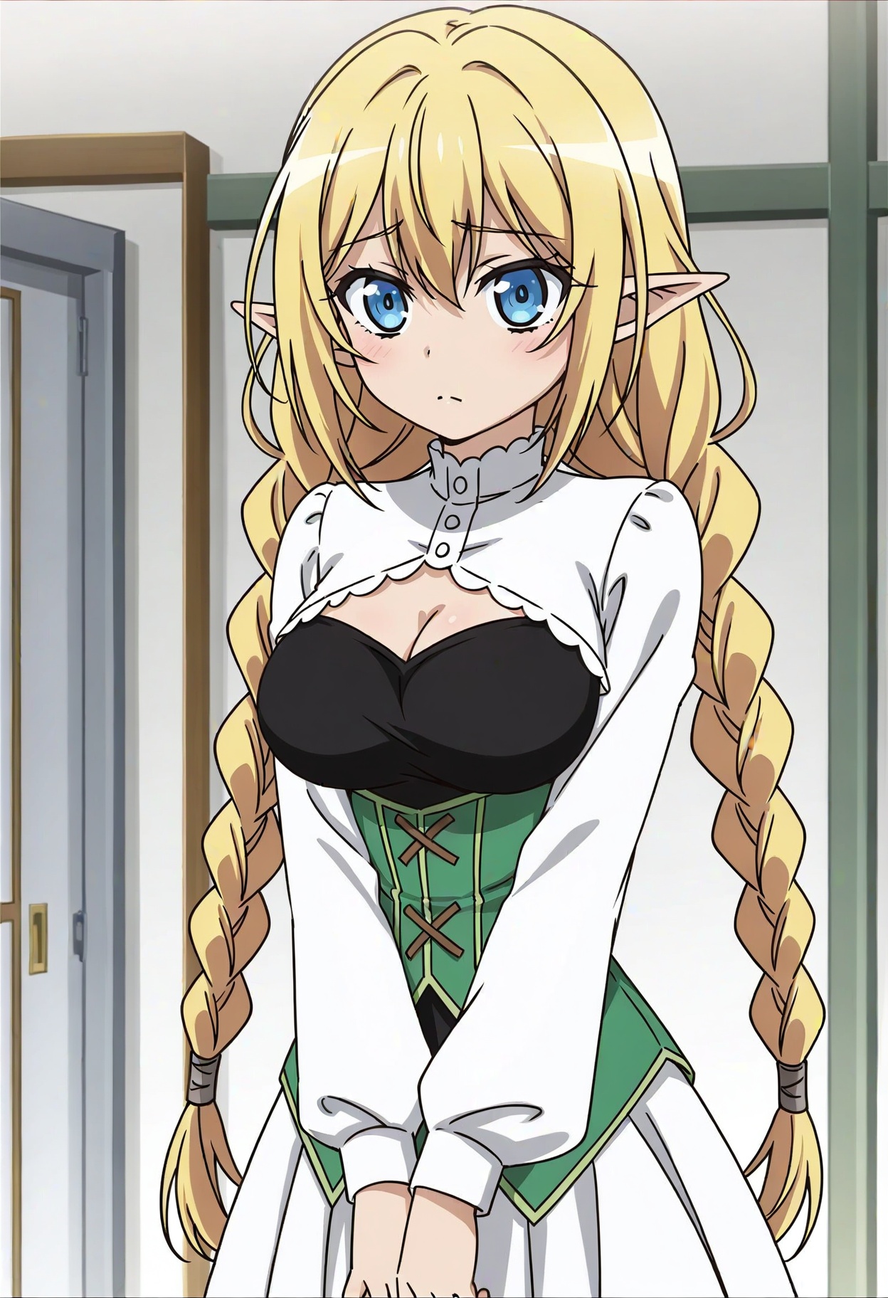 yano akane,choujin koukousei-tachi wa isekai demo yoyuu de ikinuku you desu!,lilulu \(choyoyu\),1girl,anime coloring,bare shoulders,blonde hair,blue eyes,braid,breasts,cleavage,closed mouth,cowboy shot,dress,elf,hair between eyes,hair ribbon,indoors,large breasts,long hair,long sleeves,low twin braids,pointy ears,ribbon,shirt,sidelocks,solo,standing,twin braids,very long hair,