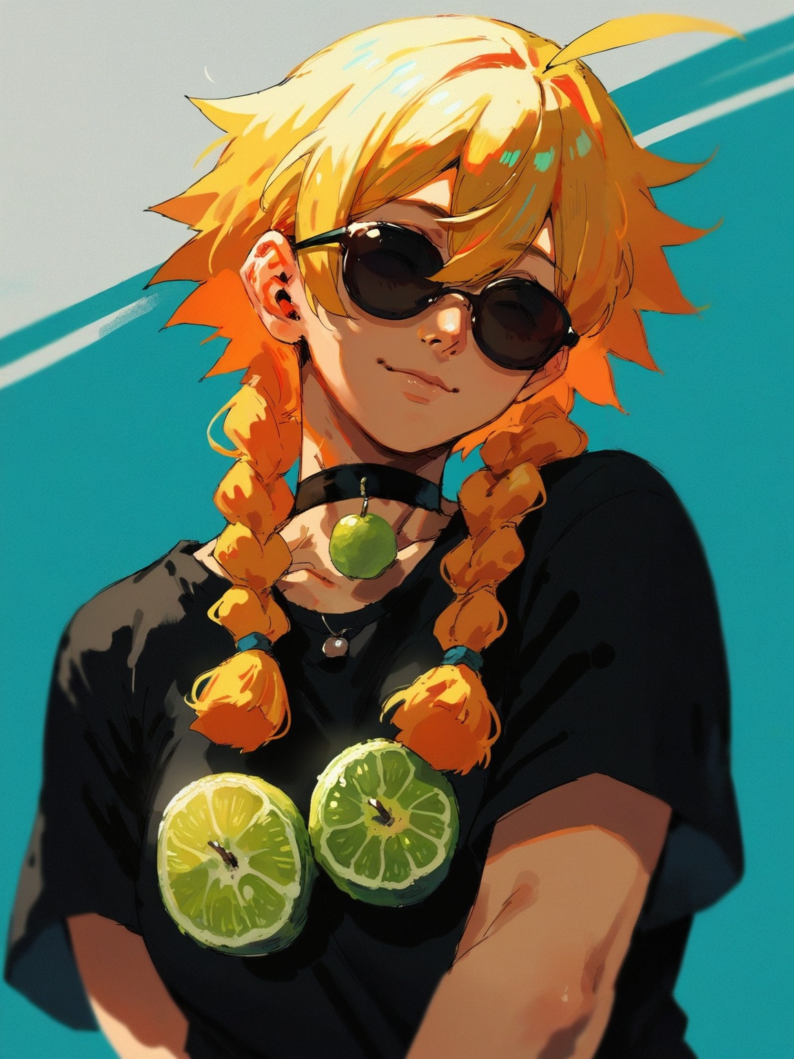 1girl black_choker black_shirt blonde_hair blue_background bracelet braid character_name choker closed_mouth cocktail_glas...
