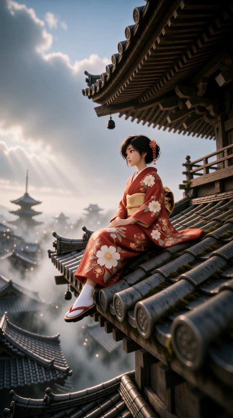 Photo 7py_n3s4,  in elegant red and white silk kimono with gold obi,  hakama pants underneath on Tensor.Art