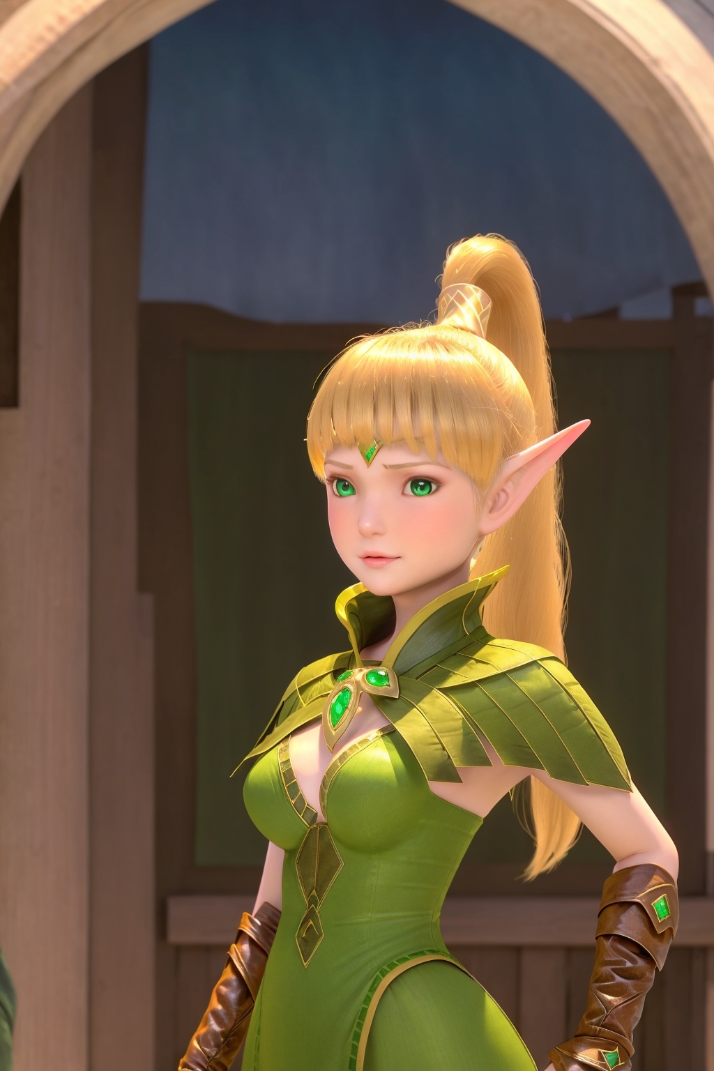 1girl,blonde hair,pointy ears,green eyes,gloves,solo,brown gloves,hand on hip,elf,breasts,looking at viewer,long hair,ponytail,dress,bangs,green dress,lips,closed mouth,gem,blunt bangs,blurry,cleavage,medium breasts,<lora:liya-000004:0.7>,
