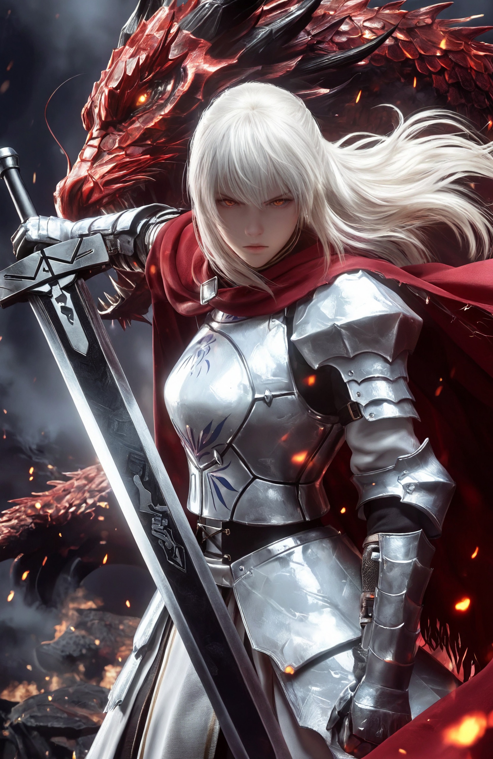 masterpiece, ultra-HD, high detail, best quality, 8khyper-realistic, real skin, film texture, photography.1woman, serious, frown, floating hair, wearing red cloak, white armor, holding sword, cowboy shot, huge dragon's face in background, fire background, dragon's body is frame out. view from side.high-key lighting.