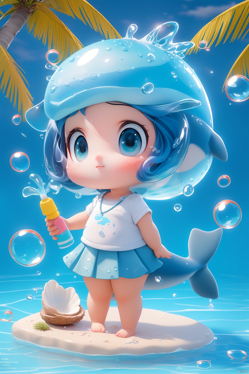 (masterpiece), (best quality), Exquisite visuals, high-definition, (ultra detailed), finely detail, Kawai, loveliness, standing, ((full body)), a slightly shy loli with short blue hair,anthropomorphic whale,a center cut, (child:1.2),whale clothing,blue skirt,(((spray water on the head, there is a water column on the head))),there are many colorful bubbles around,melting clothes, clothes made of water,whale tail,The environment is next to the beach, with coconut trees and many seashells on the beach,, ty-hd<lora:EMS-262746-EMS:0.500000>