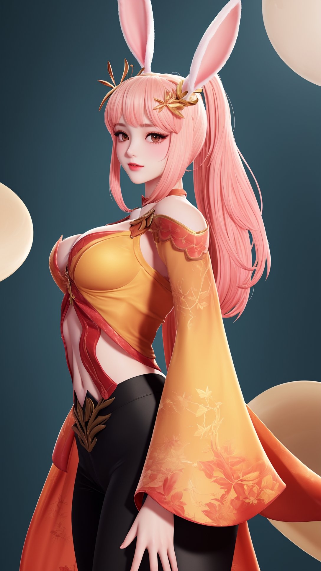 (1girl),smooth chin,masterpiece,detailed face,((hair ornament focus)),top quality,4k,make up,best quality,medium breasts,(looking at viewer),eyes focus,upper body,rabbit ears,pink hair,ponytail,((black pants)),blush,body blush,mature female,navel,light red and light golden mixed sleeves,night sky,arms behind back,long legs,red skirt,hole on pants,walking,<lora:王者公孙离原皮_v1.0-000008:0.8>,
