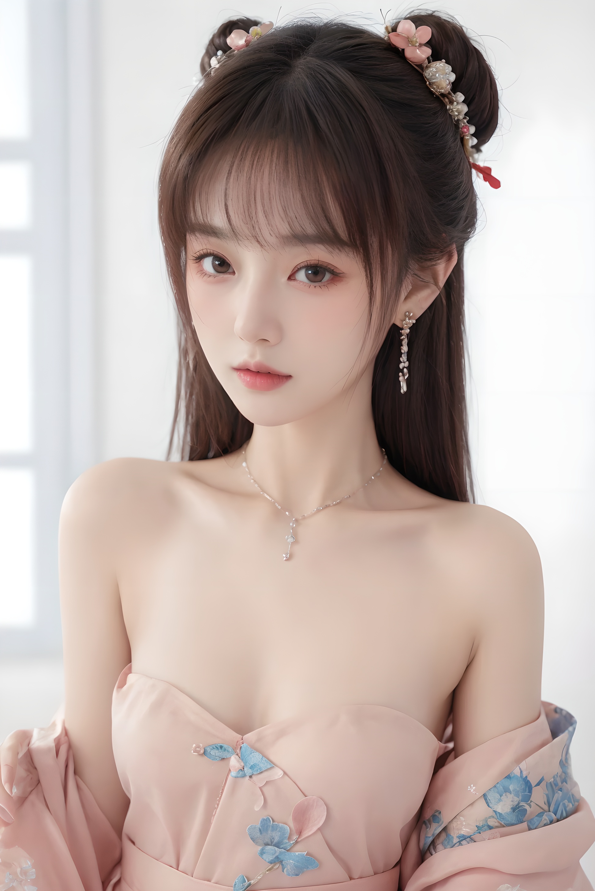 masterpiece, best quality,best quality,official art,extremely detailed CG unity 8k wallpaper,(1girl:1.3), cute face, blush, black eyes, pink eyeshadow,flat chest,hanfu, (Out of the shoulders),pendant, jewelry, jewelry, (earrings:1.1), (bell:1.1), (necklace:1.1), hair ribbon,Hand on chest,hair_ornament, hair_flower,Bright necklace, Out of the shoulders,Perfect hand,(collarbone:1.1),cleavage, (Shoulder trim:1.2), (Chest decoration:1.3), Look to the sky, (Look the other way:1.2),(Fineskindetails:1.1),mix4,machinery,Open chest <lora:guochao:0.66>masterpiece,high quality,best quality),(colorful),(delicate eyes and face),volumatic light,ray tracing,extremely detailed CG unity 8k wallpaper,solo, indoors, palace, lights, window, decorations,(ahoge:1.3),best quality,official art,(((light from the sky))),floating hair,light shines on hair,whultra-detailed,(((extremely detailed cg 8k wallpaper))),(crystalstexture skin:1.4),(extremely delicate and beautiful),(white skin),looking_at_viewer,kinghere fensejiaren,,realistic,