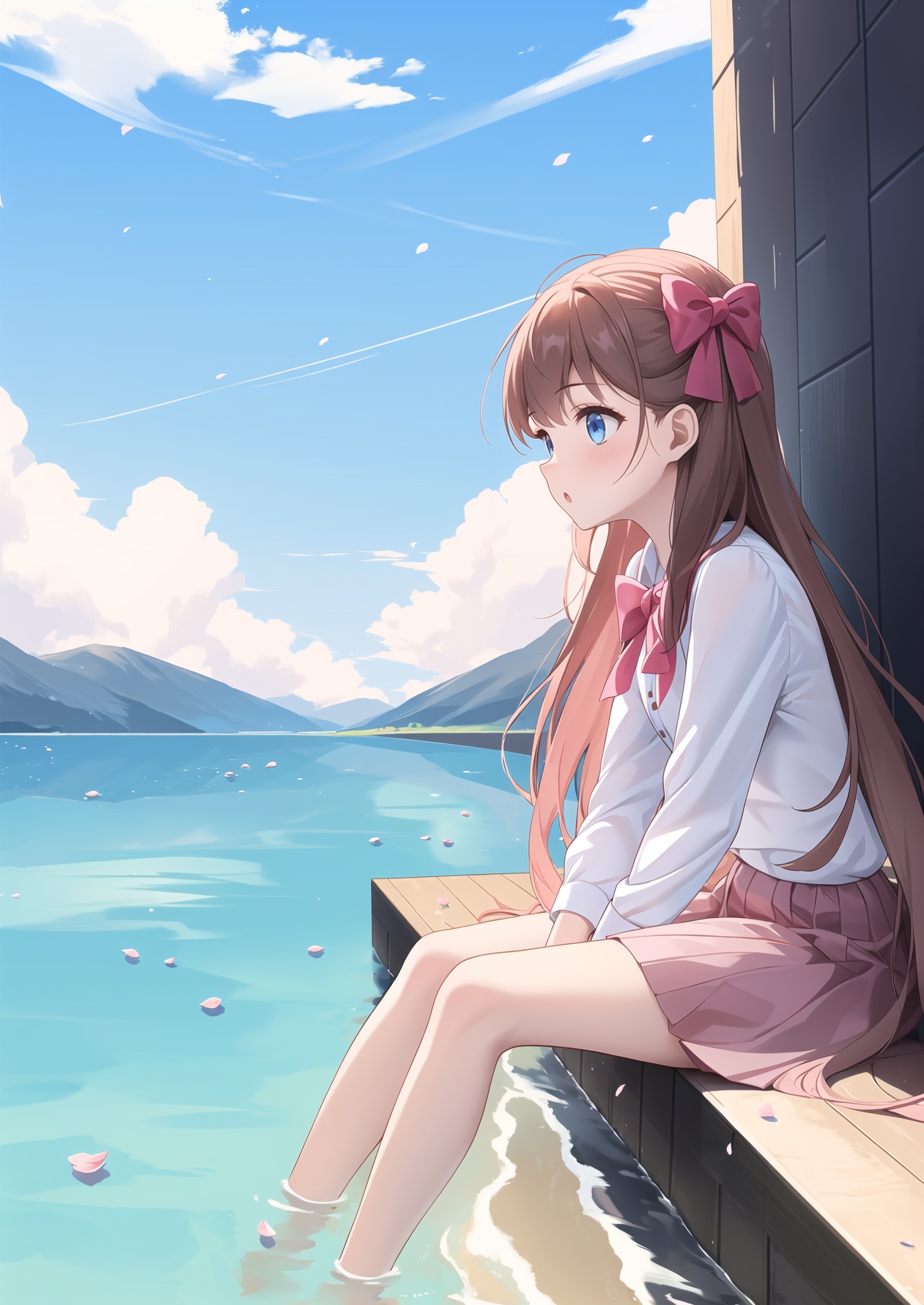 masterpiece,best quality,1girl,solo,soaking feet,long hair,blue eyes,hair bow,bow,sitting,water,pink bow,brown hair,skirt,blush,petals,day,sky,brown skirt,shirt,hair ornament,very long hair,cloud,looking to the side,outdoors,blue sky,white shirt,:o,