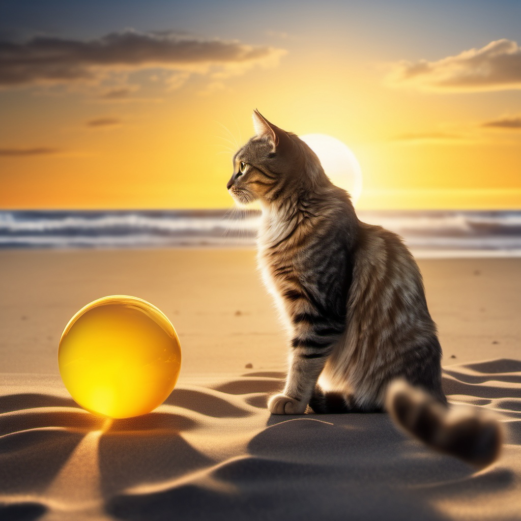 cinematic moviemaker style,  A photorealistic image of a cat on a beach,  with its paw reaching around a large on Tensor.Art