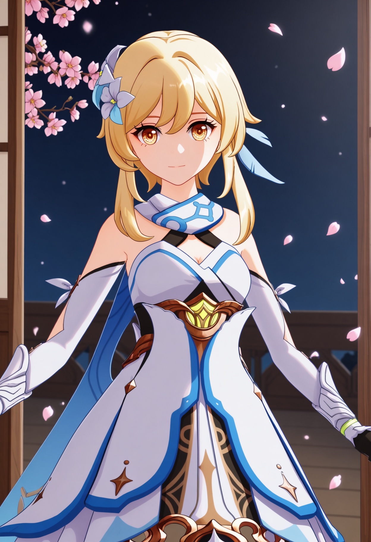 (upper_body:1.2),looking at viewer:1.1,masterpiece,(best quality),(mutated_hands:-1.2),(bad hands:-1.2),smog,Dark room,dim lighting,peach blossom,falling petals,<lora:YQ_Illustrious光辉v5_荧_V1:0.8>,q1528437228,1girl,solo,lumine (genshin impact),blonde hair,hair ornament,dress,hair flower,white dress,short hair with long locks,detached sleeves,yellow eyes,scarf,sidelocks,feather hair ornament,gloves,white thighhighs,boots,