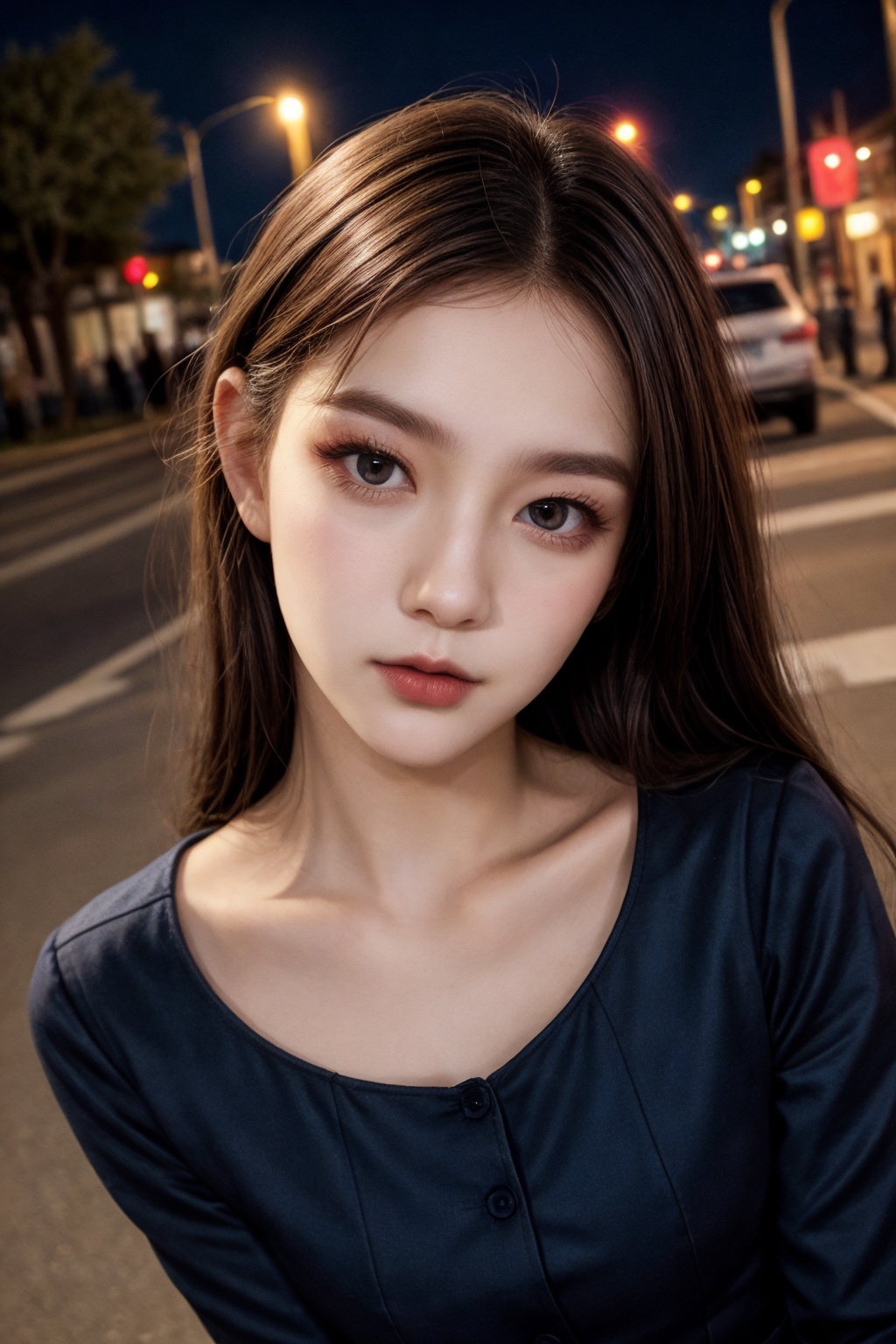 instagram photo, closeup face photo of 18 y.o woman in dress, beautiful face, makeup, night city street,shot from above