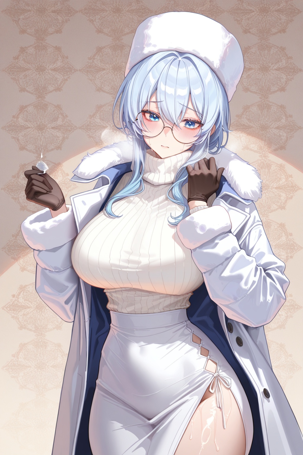 best quality,amazing quality,very aesthetic,absurdres,best quality,amazing quality,very aesthetic,absurdres,{{{{shiny skin}}}},{{{{oiled}}}},detail eyes,wallpaper,artist:aibek,artist:gwan-e,artist:kein_v,artist:liaowen,artist:sea_nami,artist:tansuan_(ensj3875),artist:ask_(askzy),artist:ciloranko,year 2023 BREAKcurvy,(narrow waist:1.1),blue hair,<lora:Mifuyu Yukino:0.8>, -Mifuyu Yukino, 1girl, White winter coat, hip skirt, fur hat, round glasses, gloves, sweater,shy,endured_face,heavy_breathing,