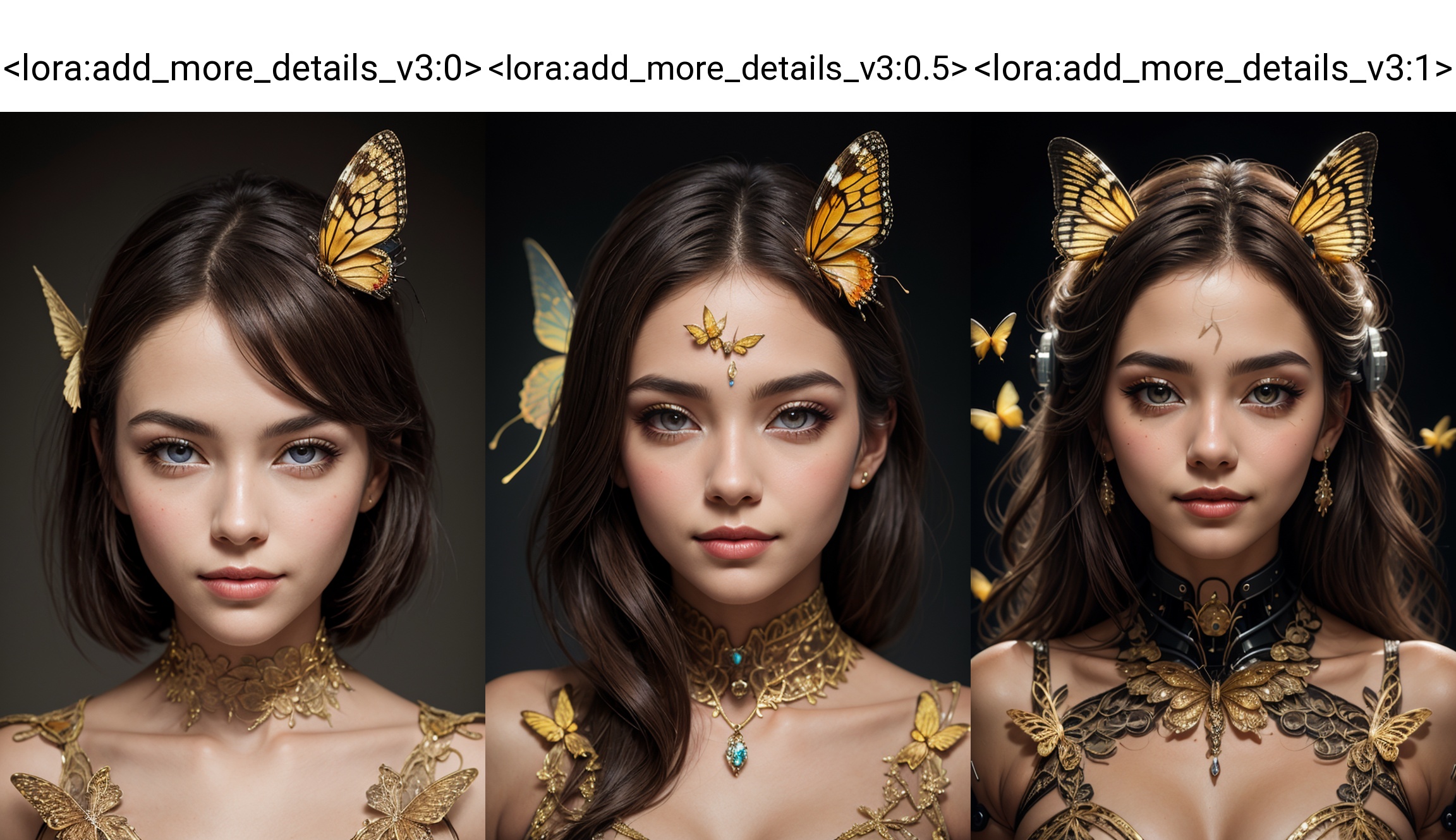 A (highly detailed, elegant) portrait that seamlessly combines elements of digital photography and surreal painting. The subject is a beautiful cyborg with (intricate, majestic) features and brown hair. cute smile, Her cybernetic enhancements are adorned with a (golden butterfly filigree) that adds an element of mystique. The scene is set against a backdrop of (broken glass), creating a unique and captivating blend of beauty and surrealism.  <lora:add_more_details_v3:0>