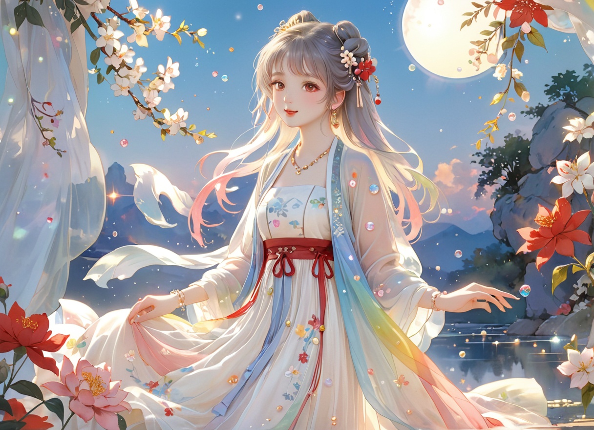 Colorful colors,surrounded by water bubbles,oil paintings painted in anime style,chinese girls,,(red_flowers foreground:1.6),(starrysky:1.4),1girl among colorful_flowers,(dynamic pose:1.4),(face and body blocked by flowers:1.6),look at viewer,light smile,small breasts,(tulle white_dresses:1.3),white gow hair flower,pearl bracelet,drop earrings,pendant,BREAKdim.warm light,backlighting,romantic setting,dreamy pastel palette,(highly detailed body, highly detailed face:1.2),(medium shot:1.4),(from below:1.3),High resolution scan,BREAKTransparent texture of clothing,light refraction,rendering light,White,pink,light blue,light yellow,rainbow color,Transparent silk,gauze,sexy,seductive,Ice and snow,light blue,printed clothes,hanfu, bokeh photography,(soft focus:1.2),out-of-focus highlights,dreamy ambiance,glowing circles,mesmerizing dep,full_body,flowers ,(innocent grey),fox girl,fairy <lora:青绿汉服:0.741> <lora:神明少女:0.651><lora:古风动漫美女XL_古风动漫美女XL_v1.0:0.51>barefoot, 