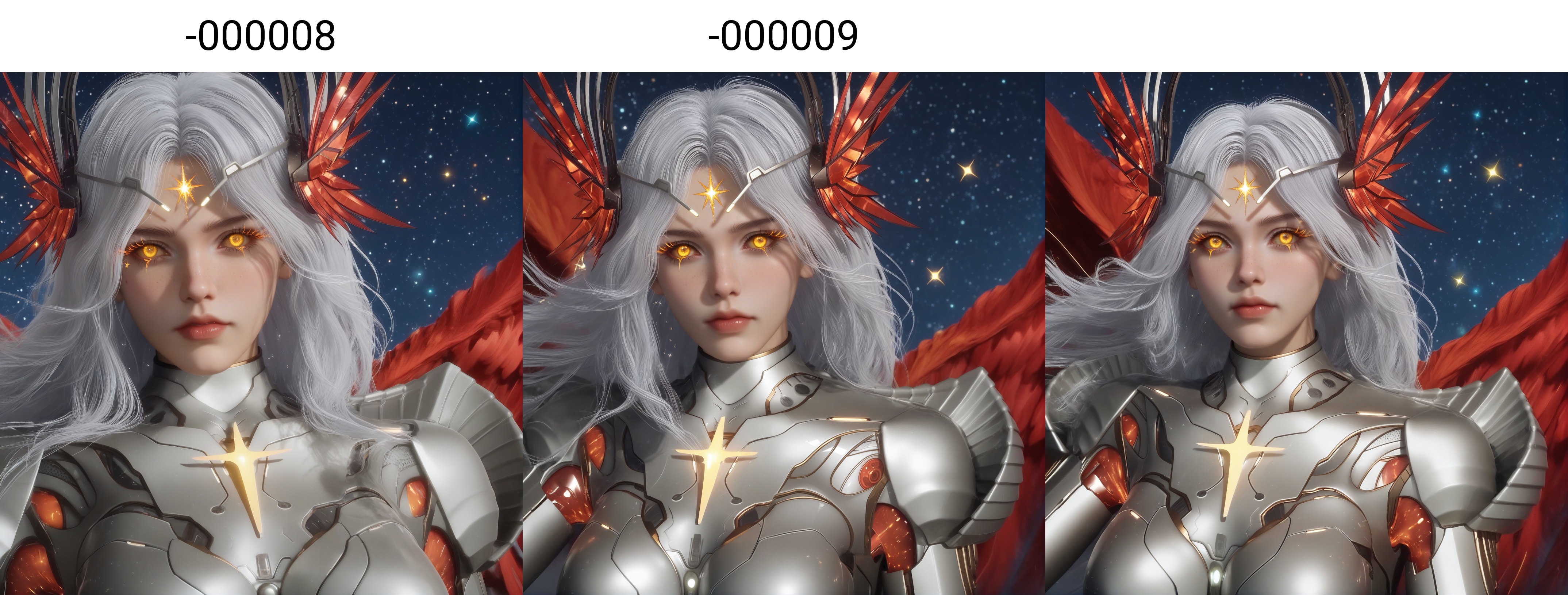 (score_9),upper body,<lora:星幻王-apony-000008:0.83>,mechanical angel,xinghuanwang,1girl,solo,joints,ringed eyes,long eyelashes,freckles,hair ornament,long hair,white hair,glowing markings,glowing eyes,yellow eyes,Metallic horn-like ornament,blending feathers and mechanical parts,power armor,shoulder armor,wings,feathered wings,red wings,large_wings,mature_female,BREAK<lora:Expressive_H-000001:0.78>,light blush,Expressiveh,ringed eyes,looking at viewer,front view,fair_skin,(pale skin),(sweaty_skin),BREAKsimple background,<lora:e色温:0.25>,sparkle,blurry background,star \(symbol\),starry sky,star \(sky\),universe,hyper_galaxy,4K ultra HD,sharp focus,high detail,high contrast,