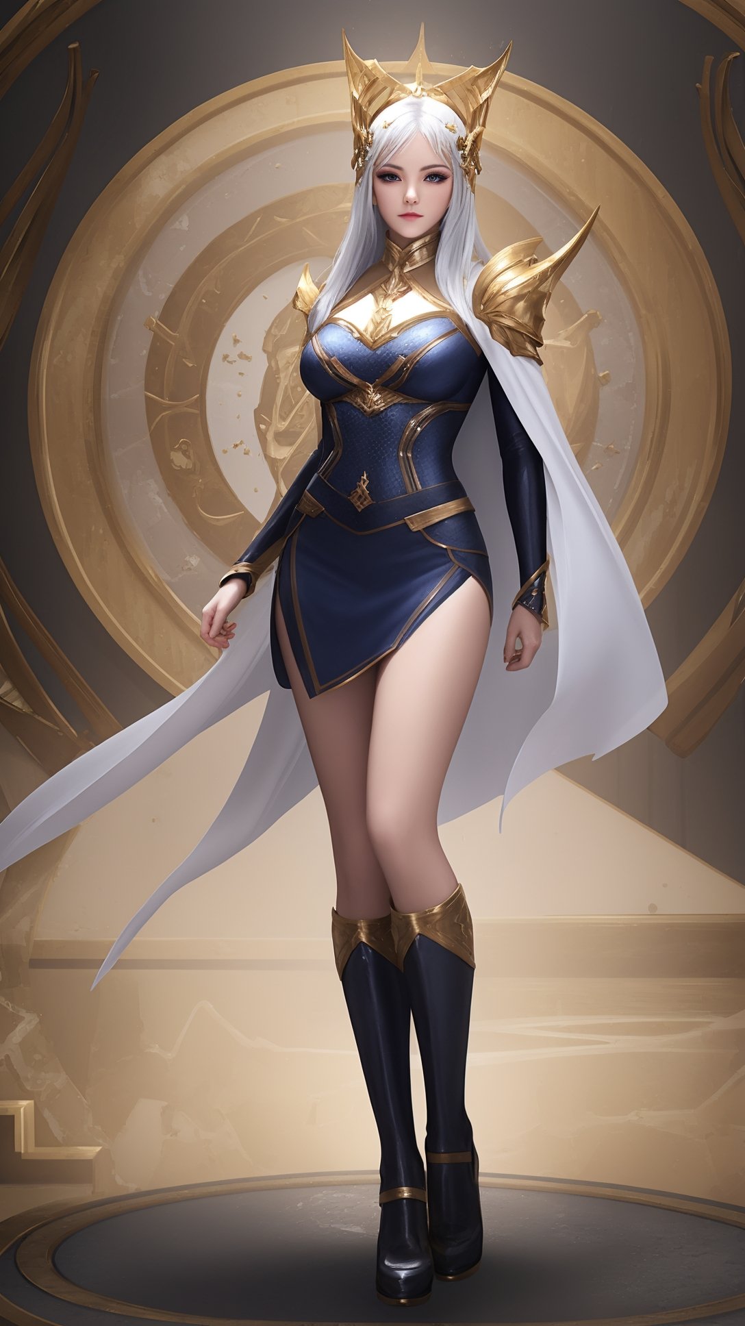(1girl),smooth chin,masterpiece,detailed face,((hair ornament)),top quality,4k,make up,best quality,large breasts,(looking at viewer),long legs,arms behind back,mature female,full body,silver hair,detached sleeves,black and blue mixed jacket,armor,white skirt,(black cape),blue eyes,short pencil skirt,cloak,white legwear,<lora:1王者露娜启示之音_v1.0:0.8>,