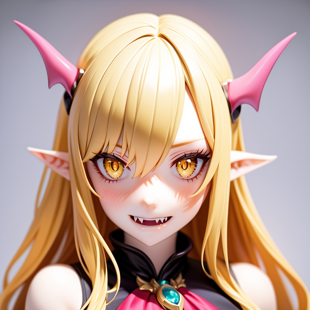 vampire, 1girl, fangs, solo, pointy ears, slit pupils, blonde hair, long hair, portrait, white background, ascot, yellow eyes, simple background, hair between eyes, brooch