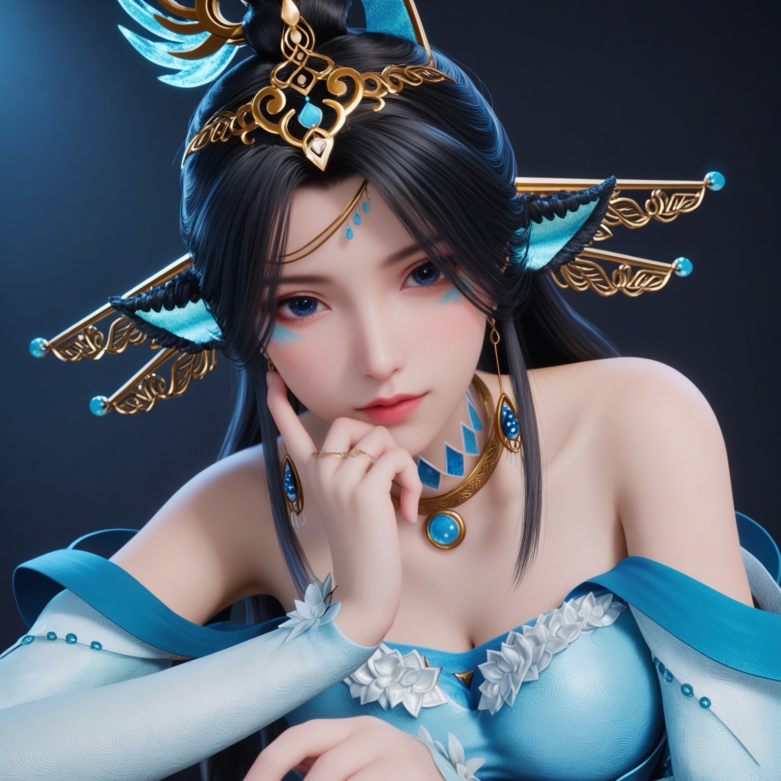 (upper_body:1.1),(huge breasts:0.9),76.<lora:YQponybiboxianziV2:0.8>,(q1528437228:1.3),1girl,solo,jewelry,black_hair,long_hair,hair_ornament,bare_shoulders,dress,necklace,blue_dress,earrings,animal_ears,anklet,brown_hair,long_sleeves,blue_hair,detached_sleeves,gem,head_fins,crown,elbow_gloves,feathers,frills,,blush,(looking_at_viewer:1.1),BREAKintricate details,shiny_skin,solo focus,(blurry background:1.1),(depth of field:1.1),perfect_anatomy,(cinematic lighting:0.9),(volumetric lighting:0.9),(simple background,pure black background,black background:1.1),
