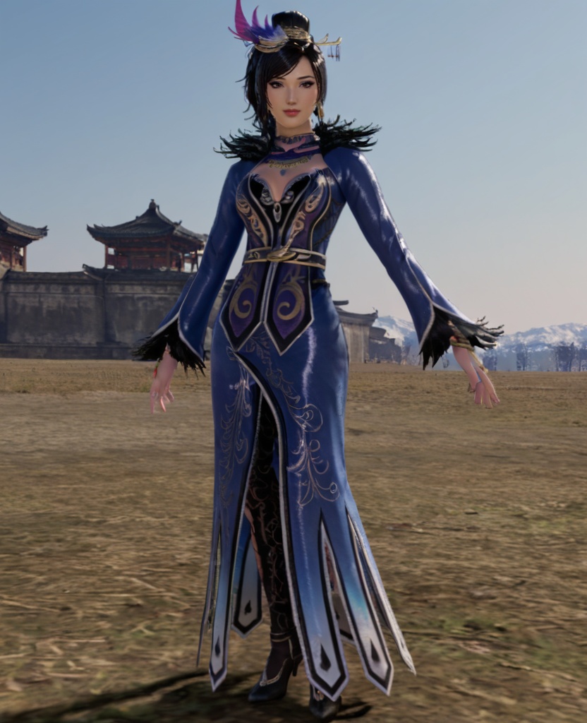 1girl, solo, dress, hair ornament, jewelry, full body, outdoors, blue dress, black hair, looking at viewer, standing, long sleeves, single hair bun, cleavage, sky, hair bun, cleavage cutout, feathers, earrings, clothing cutout, lips, fur trim, ring, hair stick,<lora:zhenji_8:0.7>