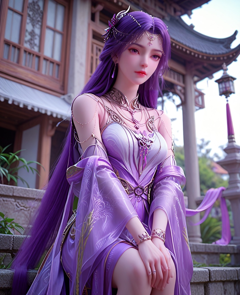 (oriental architecture, elegant decor, sophisticated style:1.1),hugging own legs,(breasts:1.2),<lora:XL完美世界云曦天命石:0.95>,miss yunxi,solo,white outer and purple inner double dress,purple eyes,purple hair,absurdly long hair,hair ornament,jewelry,earrings,necklace,sash and overskirt,shawl,see-through wide sleeves,, zPDXL2, score_9, score_8_up, score_7_up BREAK realistic, masterpiece,best quality, highly detailed,, zPDXL3, zPDXL2,zPDXL, zPDXLxxx, zPDXLrl,