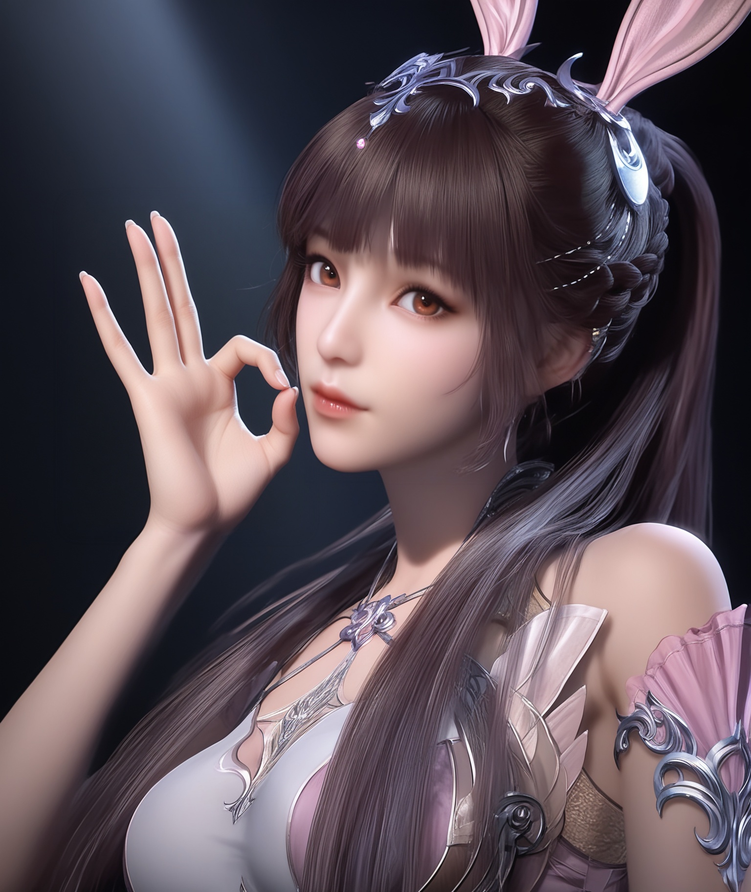 masterpiece,best quality,absurdres,highres,BREAK(glamor:1.1),slender,1girl,solo,<lora:小舞-ill-000005:0.85>,xiaowu,long hair,brown hair,hair ornament,ponytail,bunny ears,brown eyes,jewelry,braid,see-through,pink dress,looking at viewer,front view,(ok sign),upper body,light blush,BREAKsimple background,black background,rim light,Tyndall effect,Volumetric Lighting,Cinematic Lighting,realistic,depth of field,