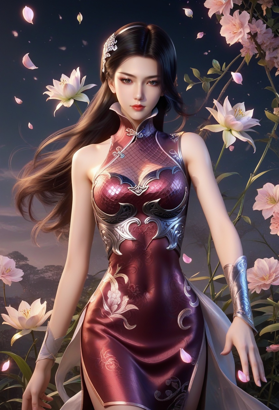 china,score_9,score_8_up,score_7_up,break.,1girl,lily,solo,flower,petals,flower,jewelry,looking at viewer,wind,china dress,hair ornament,red lips,china,1girl,solo,dynamic pose,pale skin,<lora:NM_田言:0.8>,