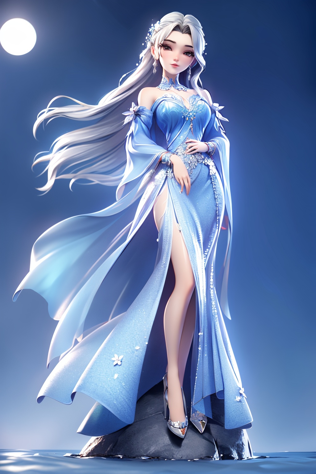 (8k, RAW photo, best quality, masterpiece:1.2),(super realistic, photo-realistic:1.3),ultra-detailed,extremely detailed cg 8k wallpaper,hatching (texture),skin gloss,light persona,(crystalstexture skin:1.2),(extremely delicate and beautiful),moonlight,night,beautiful detailed water,wind,hair fluttering with the wind,1girl,solo,very long hair,(full body:1.6),hand on hip,lmw-hd,looking at viewer,<lora:1103limuwan-000018:0.8>,