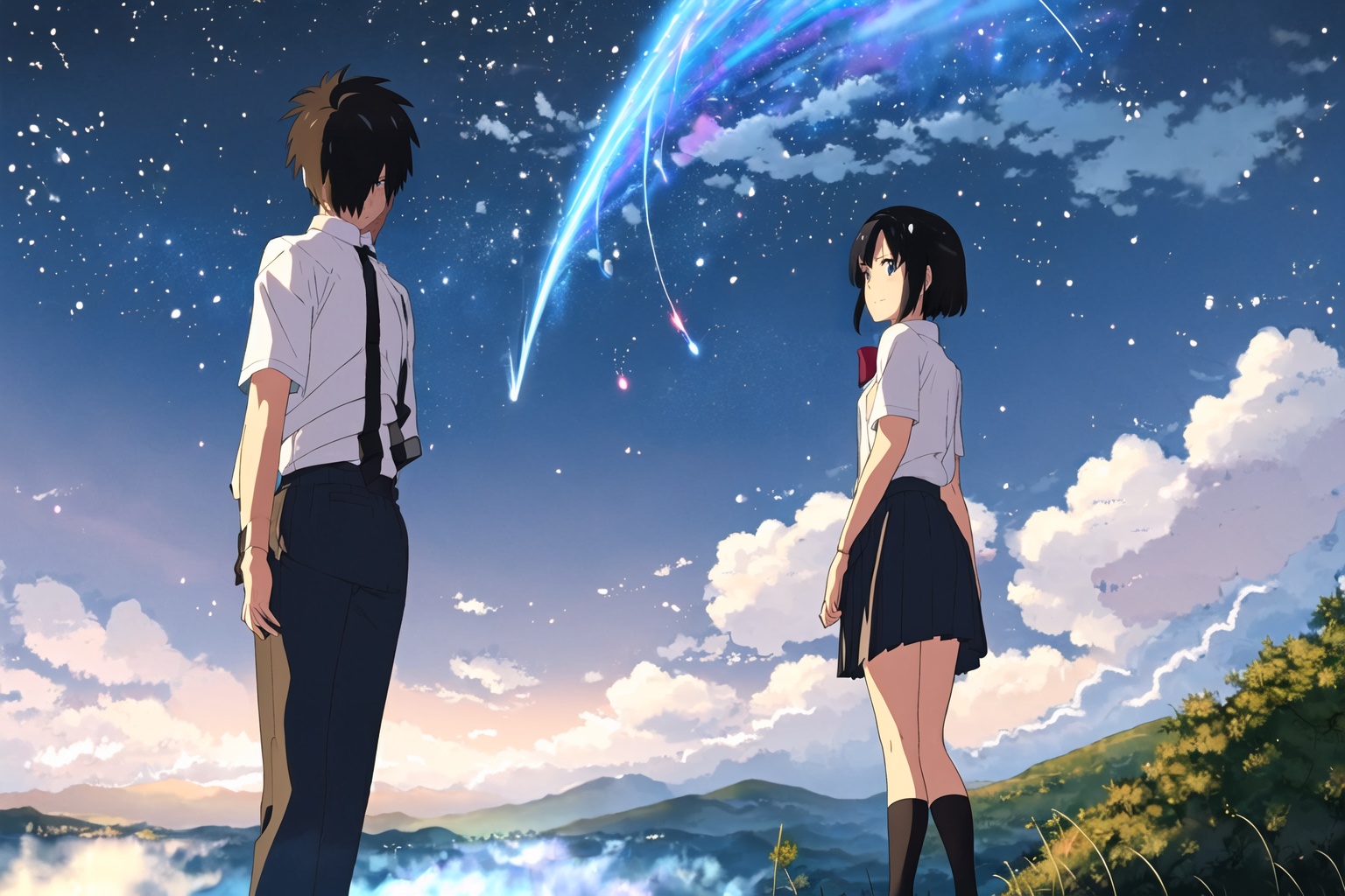 dream,New Haicheng Animation Style,1girl,short hair,skirt,black hair,1boy,school uniform,outdoors,sky,socks,cloud,kneehighs,night,couple,star \(sky\),night sky,scenery,starry sky,shooting star,miyamizu mitsuha,