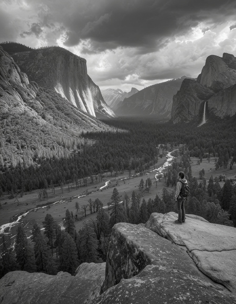 ehansel,  1girl standing on massive granite cliff,  epic yosemite valley below on Tensor.Art