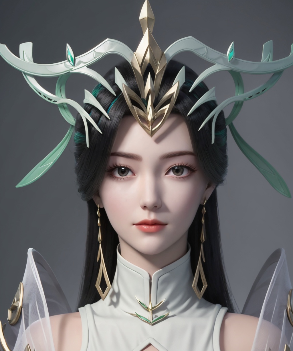 <lora:liushen:0.85>,portrait,(looking at viewer),1girl,solo,jewelry,hair ornament,earrings,high collar dress,grey_ background,