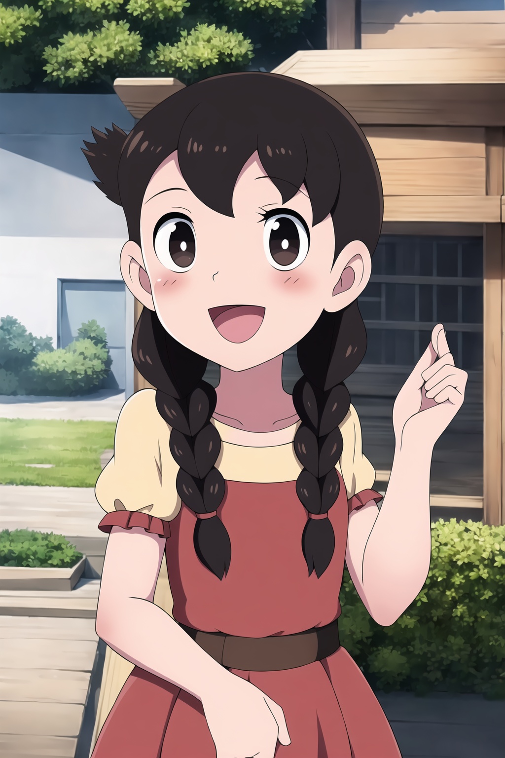 HDR,UHD,best quality,Highly detailed,masterpiece,Professional,<lora:yuanjingxiang:0.7>,yuanjingxiang,(loli:1.3),1girl,solo,long hair,looking at viewer,blush,smile,open mouth,black hair,dress,upper body,braid,black eyes,twin braids,