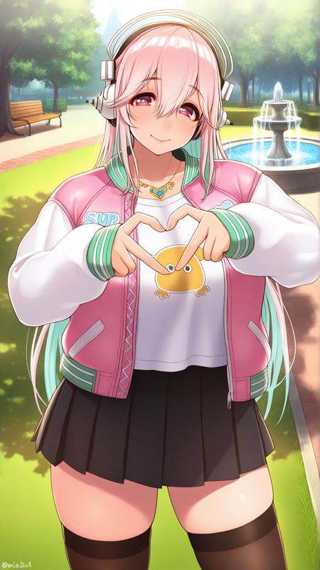 masterpiece, absurdres, amazing quality, aesthetic, newest, mature female, looking at viewer,<lora:SuperSonico_Illu_Dwnsty:0.9>,sup3rs0n1c0def, pink eyes, pink hair, aqua hair, two-tone hair, colored inner hair, long hair, hair between eyes, headphones, necklace, letterman jacket, pink jacket, white sleeves, long sleeves, sleeves past wrists, white shirt, black skirt, miniskirt, pleated skirt, black thighhighs, lips, smile, head tilt, heart hands, park, benches, trees, fountain, path, grass, daylight,