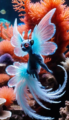 Creature,coral,biomimetic,serene,life form,elusive,tufted-tailed,fuzzy fur,colorful crystal wings,crystal,majestic,