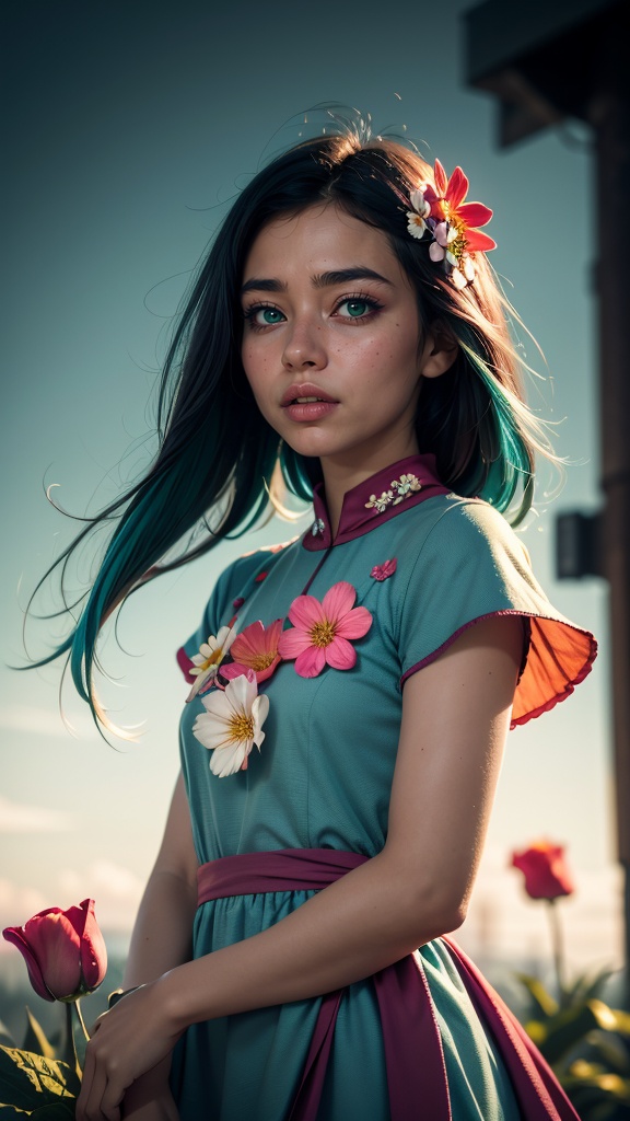 1 young cute girl,  flower dress,  colorful on Tensor.Art
