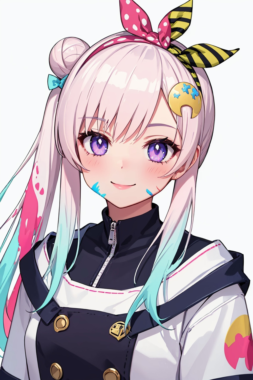 masterpiece,best quality, highly detailed, airani iofifteen,virtual youtuber,1girl,smile,blush,side ponytail,looking at viewer,single hair bun,solo,paint splatter on face,hairband<lora:airani_iofifteen:1>,simple background,white background