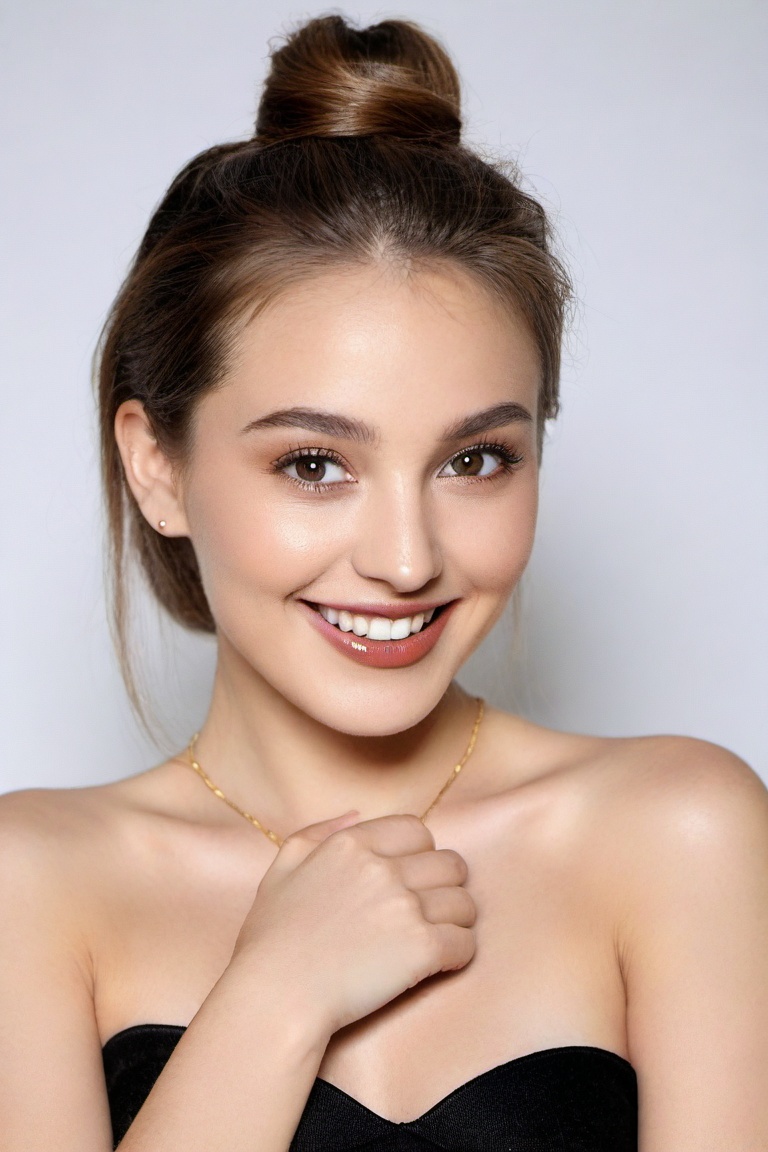 (masterpiece:1.21),(bestquality:1.21),8k,high detailed,ultra-detailed,depth of field,wide angle,1girl,beautiful face,Graceful Hands,Real Skin Texture,solo,looking at viewer,clean background trending,(portrait photo of a gray backdrop),black eyes,beautiful detailed eyes,random_color_lipstick,eyeliner,eyelashes,random_color_nail_polish,earrings,necklace,Golden brown Hair,hair bun,Laughing,High key lighting,shadow,<lora:HandFineTuning_XL:-0.1>,