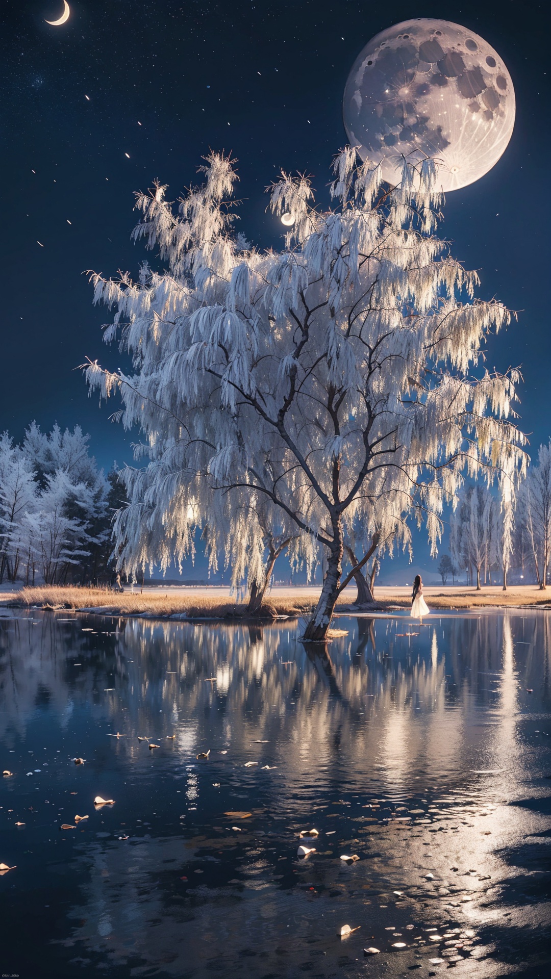The moonlight quietly pours on the quiet lake,and the light shimmering like countless twinkling gems. Breeze blowing,the shadow of the moon swaying,that clever picture beautiful. The weeping willows by the lake stretch their positions in the moonlight,and the slender willow branches sway gently,as if dancing with the moon.,<lora:Moon_20240908003204:0.8>,