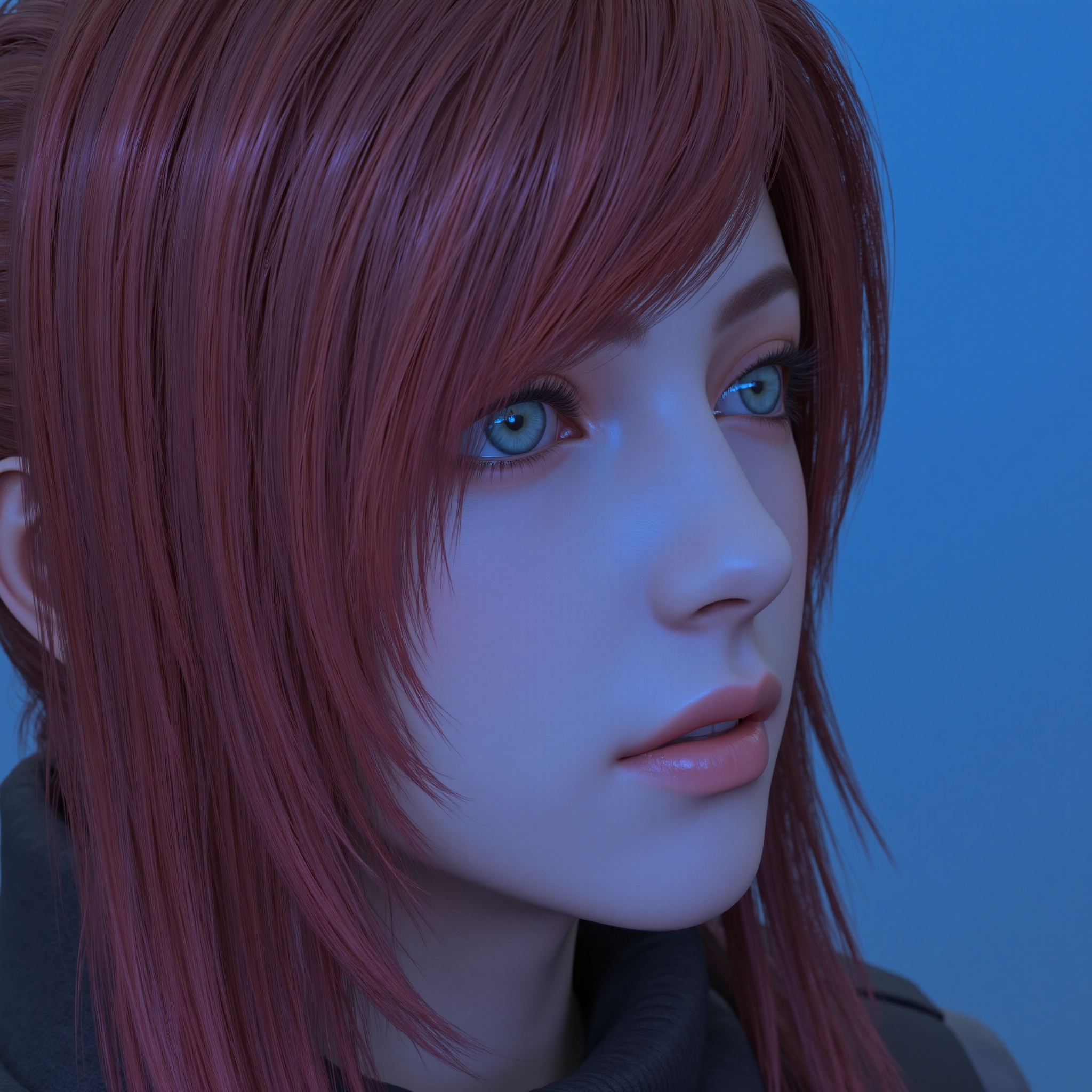 tears,ChengSisi,1girl,crying,(tears:1.4),from the side,straight reddish-brown hair with bangs,vibrant teal eyes,quality,masterpiece,nemospark,tears,crying,blue neon lighting