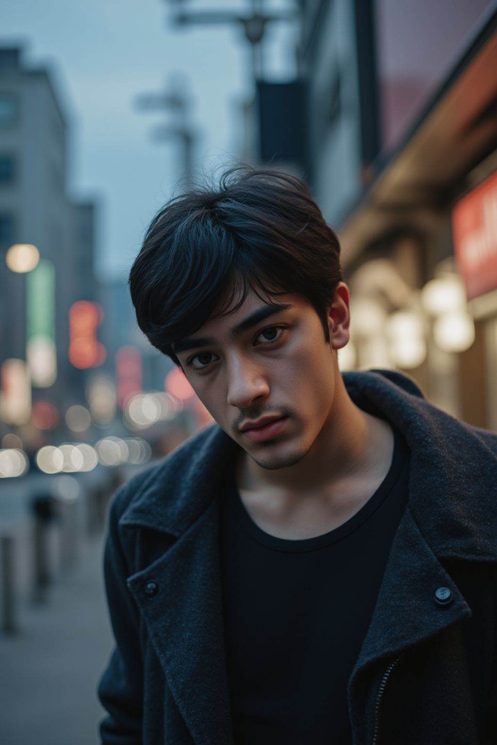HDR photo of cinematic film still The image is a high-resolution photograph taken in an urban setting, likely a city street. The main subject is a young man with black hair, . shallow depth of field, vignette, highly detailed, high budget, bokeh, cinemascope, moody, epic, gorgeous, film grain, grainy . High dynamic range, vivid, rich details, clear shadows and highlights, realistic, intense, enhanced contrast, highly detailed